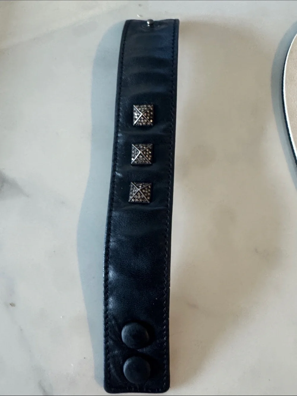 Men's Black Leather Stud Cuff with Silver Pyramid pave diamond Accents